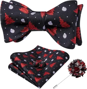 Hi-Tie Christmas Bow tie for Men Self Bow Tie Lapel Pin Sets Pocket Square Cufflinks Silk Xmas Party Festival