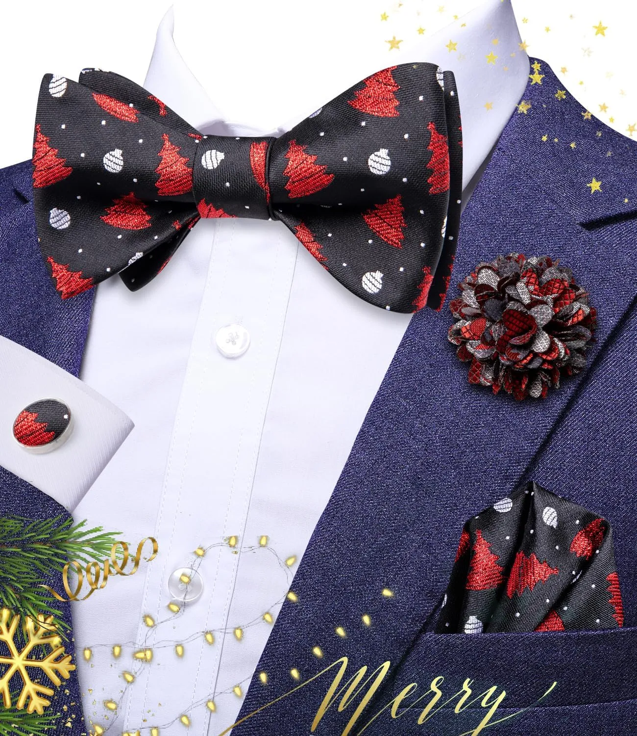 Hi-Tie Christmas Bow tie for Men Self Bow Tie Lapel Pin Sets Pocket Square Cufflinks Silk Xmas Party Festival