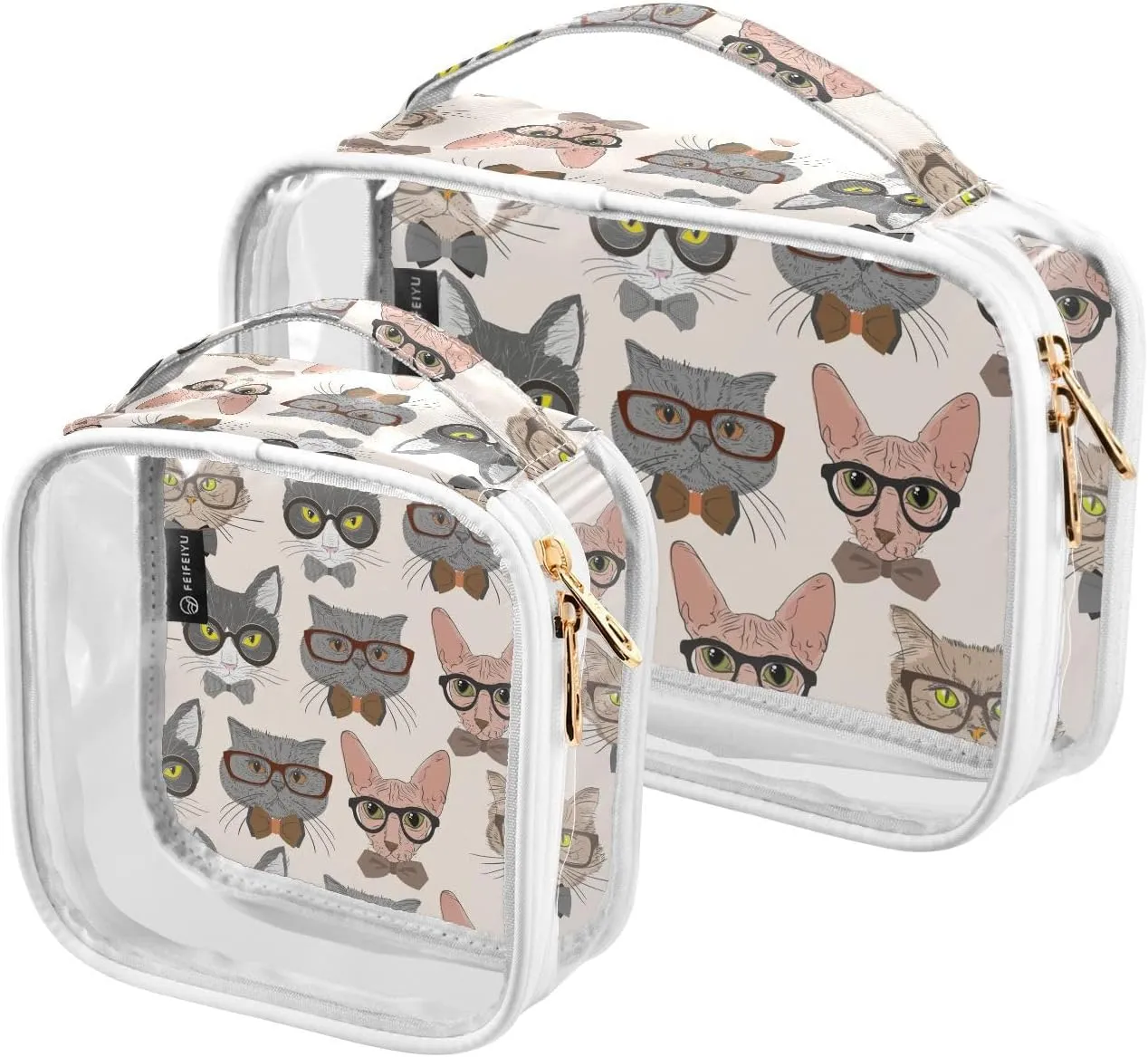 Hipster-cats-pattern 2 Pack Clear Toiletry Bag Women Men, Portable Waterproof Clear Pouch, Cosmetic Bag with Double Zippers Large Opening Traveling with Handle for Bathroom Traveling Vacation Organizi