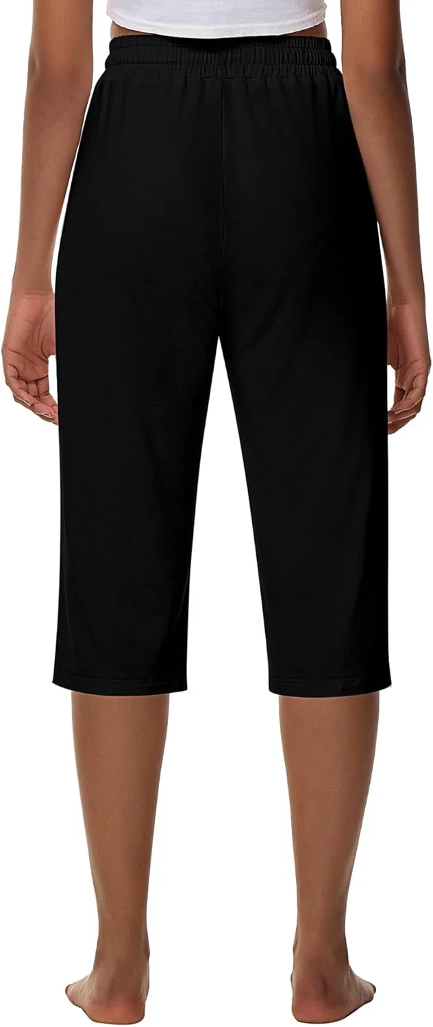 Huukeay 3 Pack Women's Capri Sweatpants, Cozy Lounge Drawstring Capris with Pockets Wide Legs Jogger Workout Yoga Pants