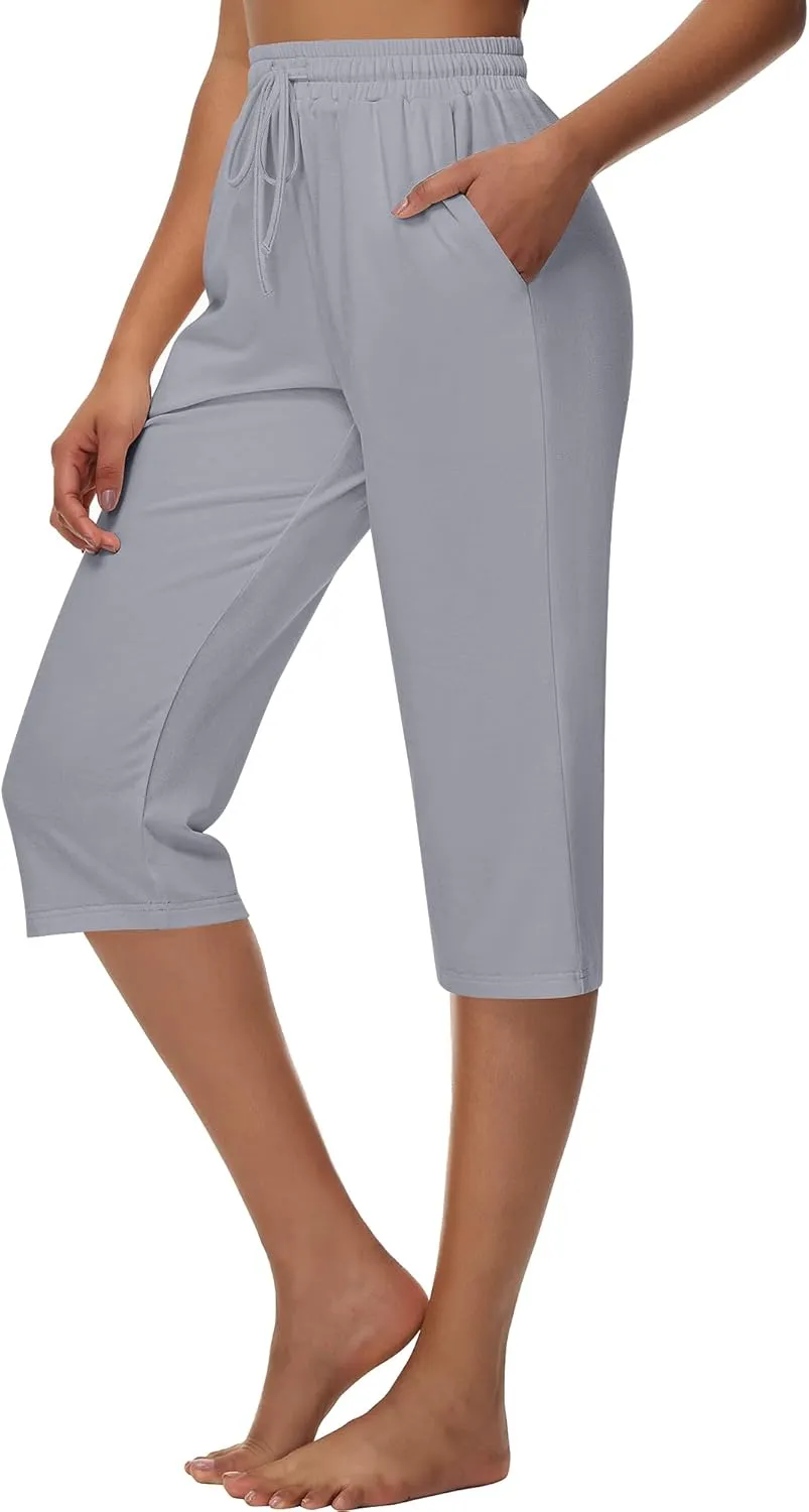 Huukeay 3 Pack Women's Capri Sweatpants, Cozy Lounge Drawstring Capris with Pockets Wide Legs Jogger Workout Yoga Pants
