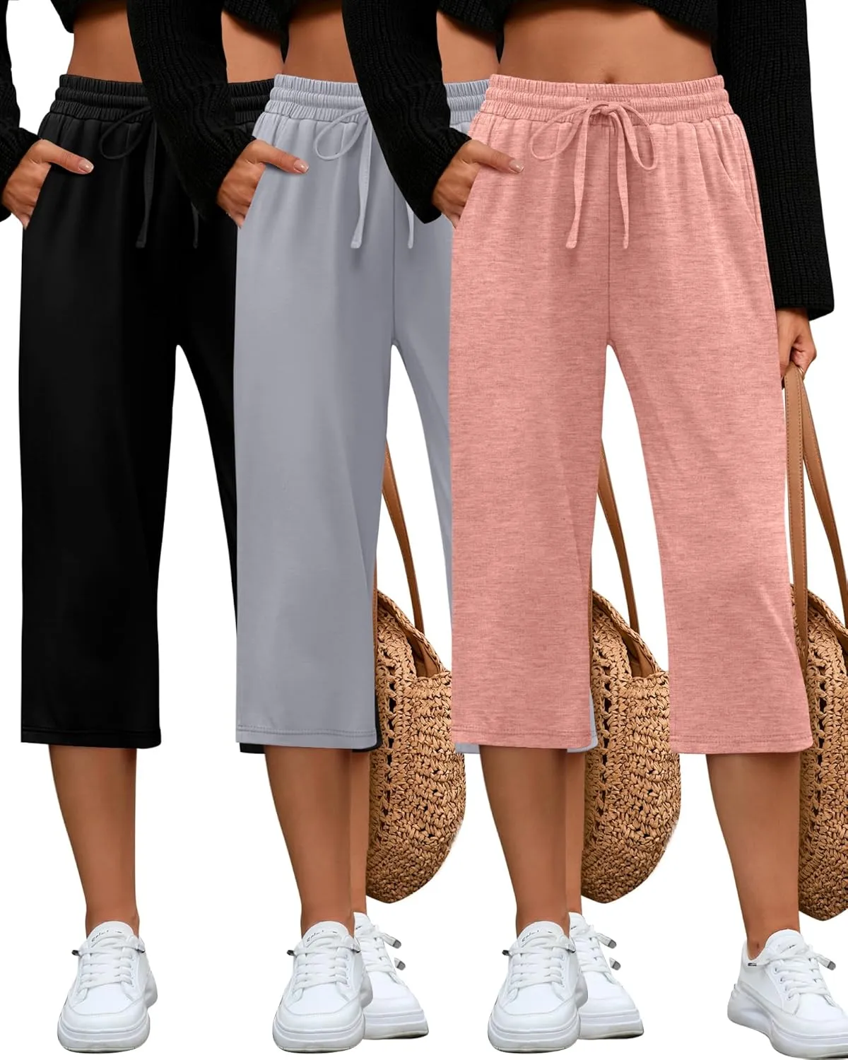 Huukeay 3 Pack Women's Capri Sweatpants, Cozy Lounge Drawstring Capris with Pockets Wide Legs Jogger Workout Yoga Pants