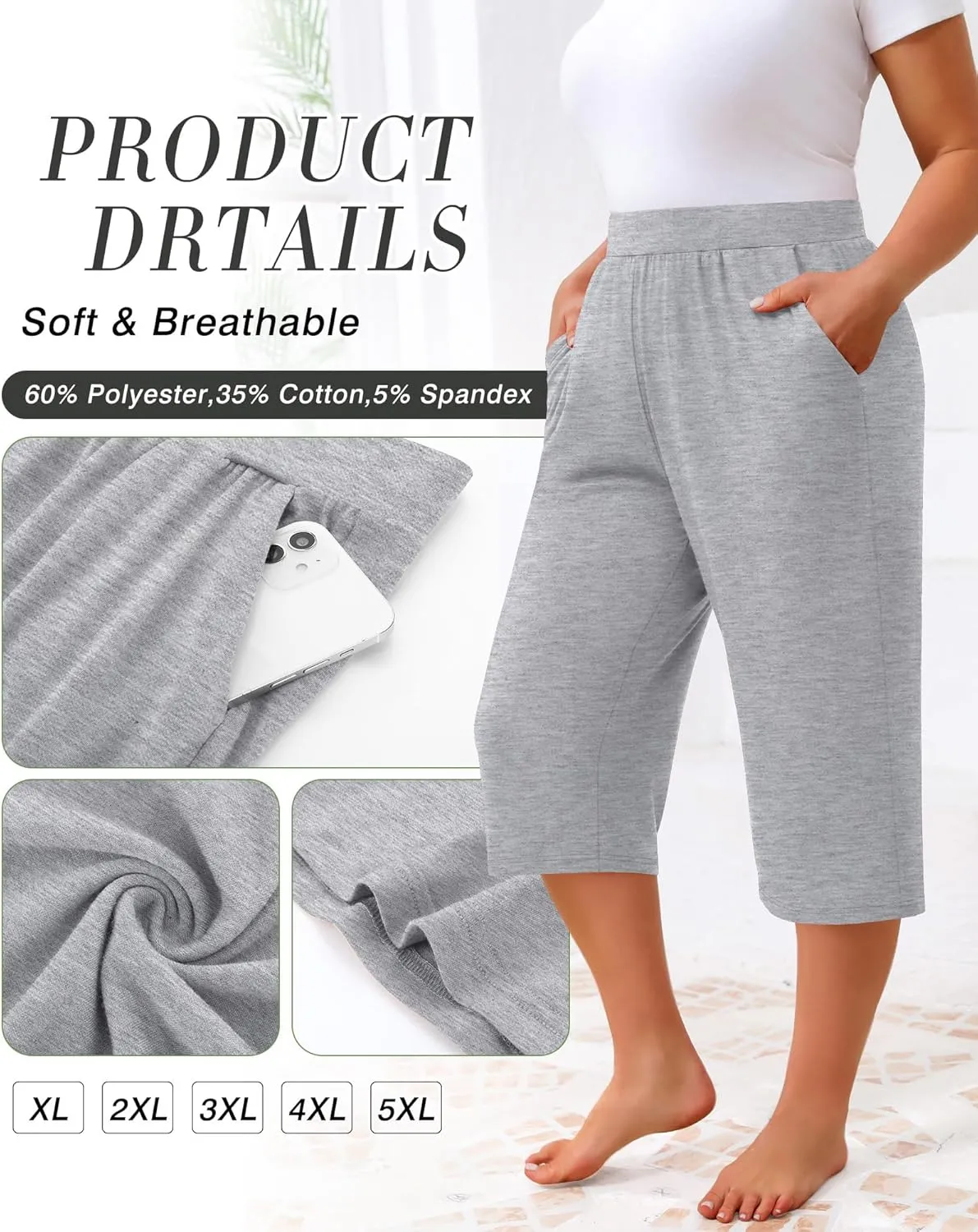 Huukeay 3 Pack Women's Plus Size Capri Pants, Cotton Wide Leg Capris Sweatpants Summer Loose Cropped Yoga Pants with Pockets