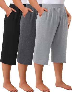 Huukeay 3 Pack Women's Plus Size Capri Pants, Cotton Wide Leg Capris Sweatpants Summer Loose Cropped Yoga Pants with Pockets
