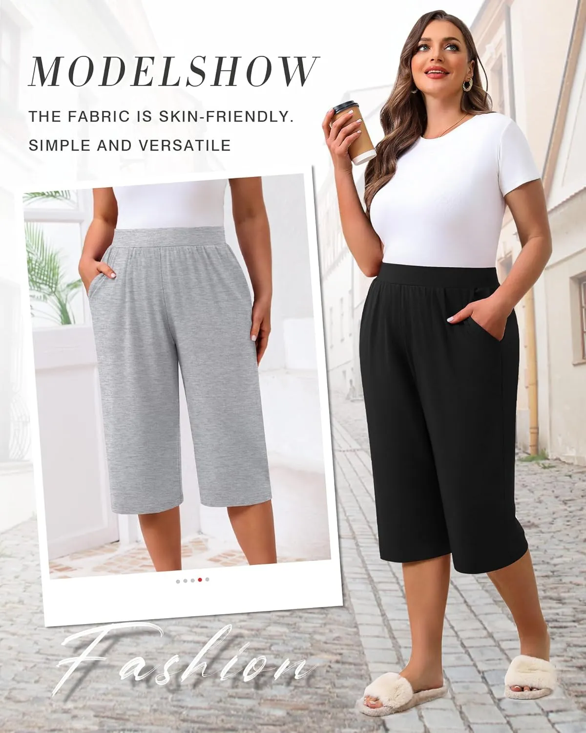 Huukeay 3 Pack Women's Plus Size Capri Pants, Cotton Wide Leg Capris Sweatpants Summer Loose Cropped Yoga Pants with Pockets