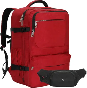 Hynes Eagle 44L Carry on Backpack Airline Approved Travel Backpack for Men Women Large Laptop Backpack 17 inch Nylon Backpack Overnight Weekender Bag Red with Waist Pack Black