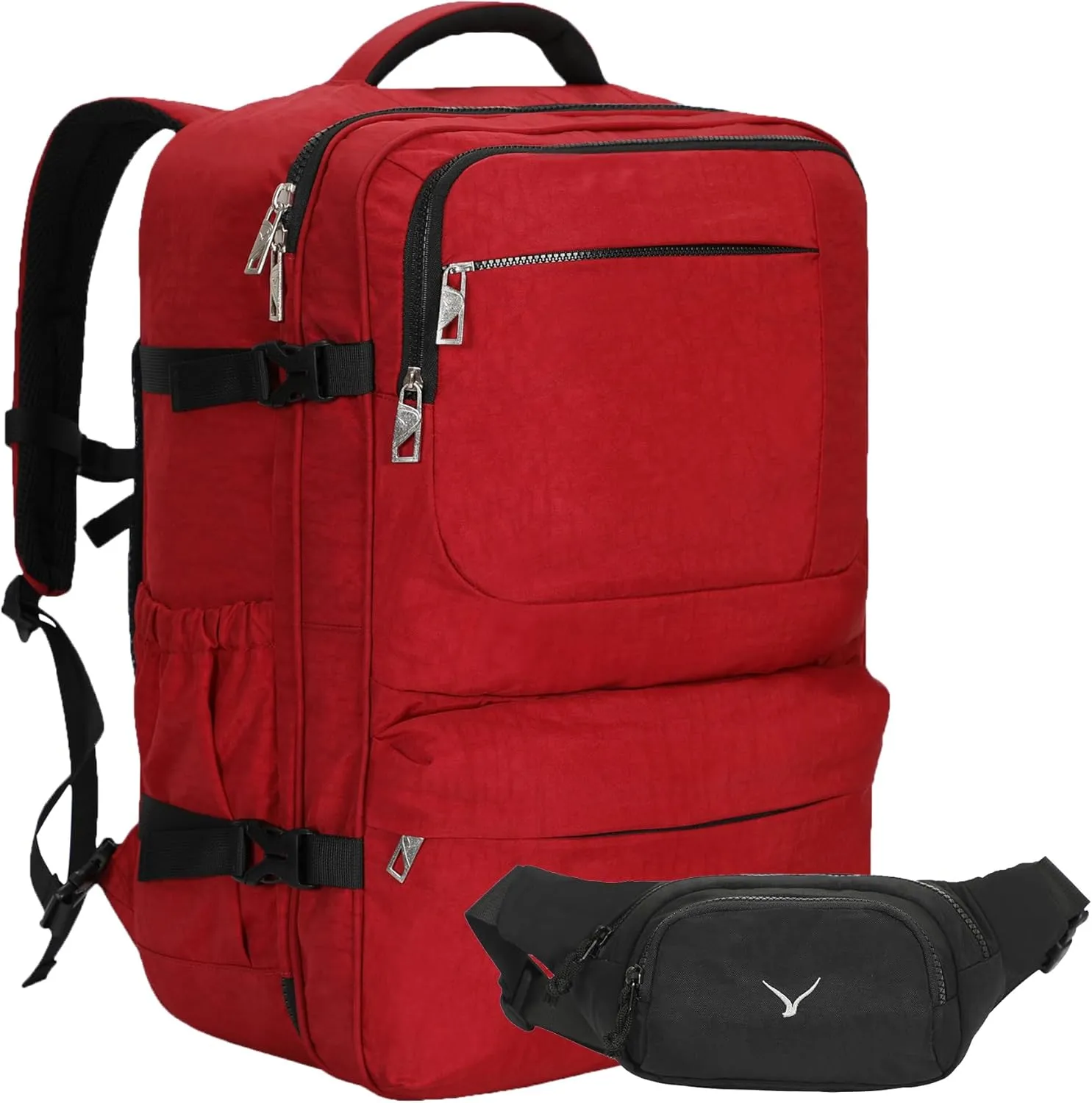 Hynes Eagle 44L Carry on Backpack Airline Approved Travel Backpack for Men Women Large Laptop Backpack 17 inch Nylon Backpack Overnight Weekender Bag Red with Waist Pack Black