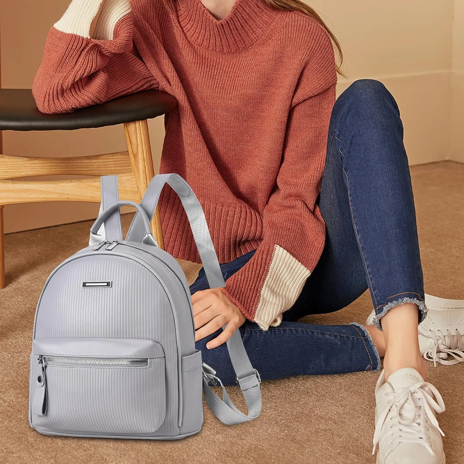 IHAYNER Women's Vegan Leather Fashion Backpack - Large Travel Casual Daypack - Grey