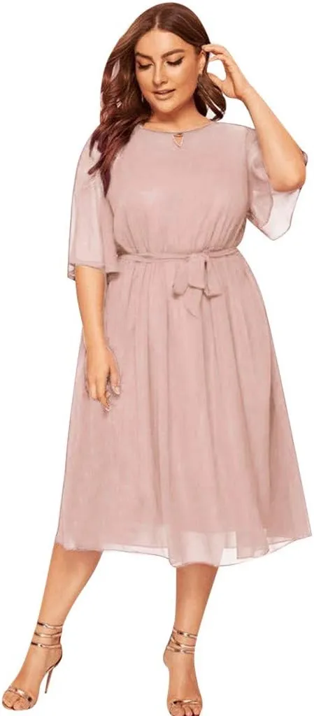 iQKA Womens Plus Size Casual O Neck Half Sleeve Knee Midi Dress SOID Color A-Line Party Sundress
