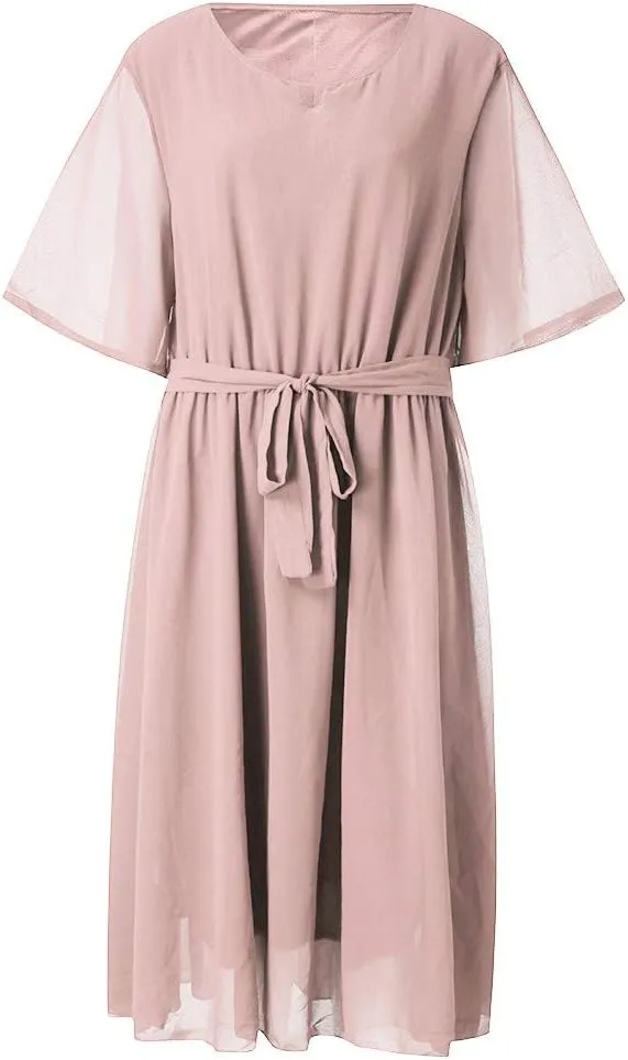 iQKA Womens Plus Size Casual O Neck Half Sleeve Knee Midi Dress SOID Color A-Line Party Sundress