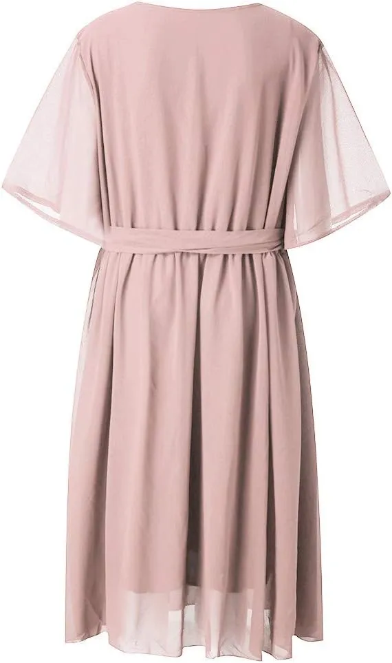 iQKA Womens Plus Size Casual O Neck Half Sleeve Knee Midi Dress SOID Color A-Line Party Sundress