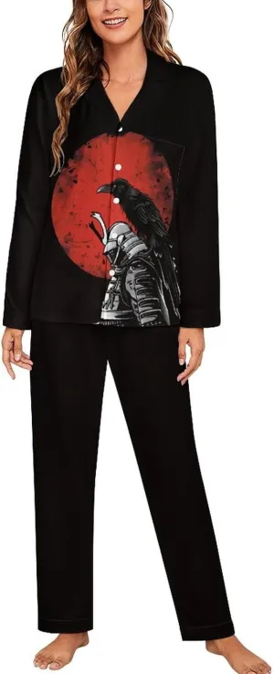 Japan Samurai Women's Sleepwear Two Piece Pajama Set Long Sleeve Button Loungewear