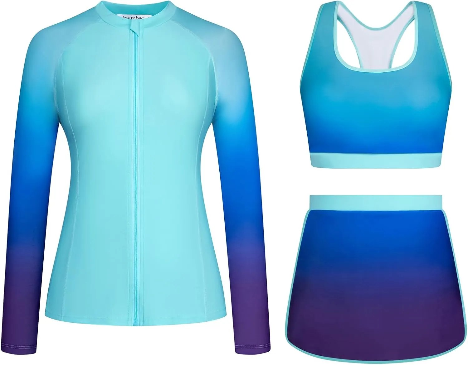 JASAMBAC Women's 3 Piece Rash Guard Zip Up UPF 50  Swim Shirt Built in Bra Long Sleeve Swimsuits Swim Skirt with Bikini Brief