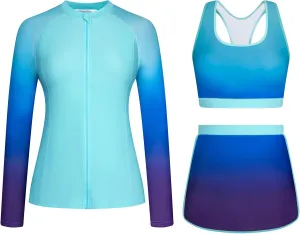 JASAMBAC Women's 3 Piece Rash Guard Zip Up UPF 50  Swim Shirt Built in Bra Long Sleeve Swimsuits Swim Skirt with Bikini Brief