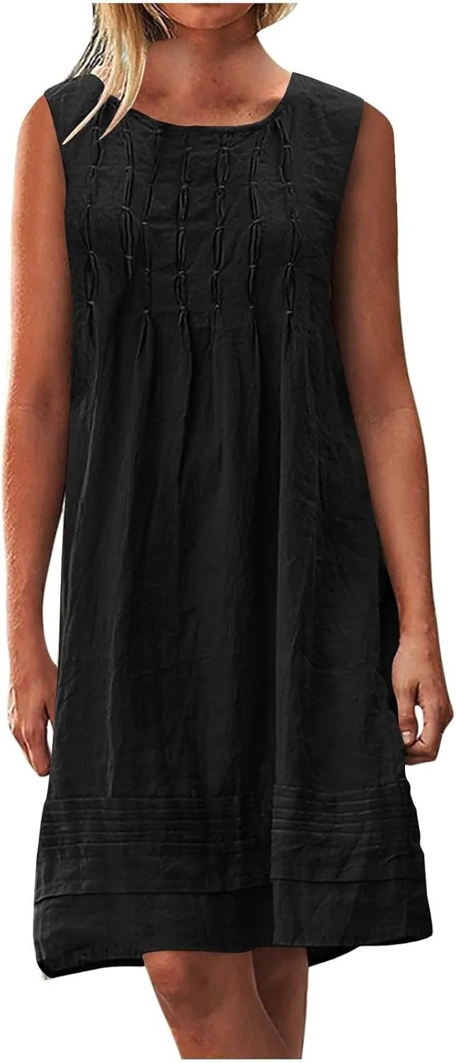 JOAU Cotton Linen Tank Dress for Women Pleated Summer Crewneck Sleeveless Sundress Beach Vacation Casual Knee Length Dresses
