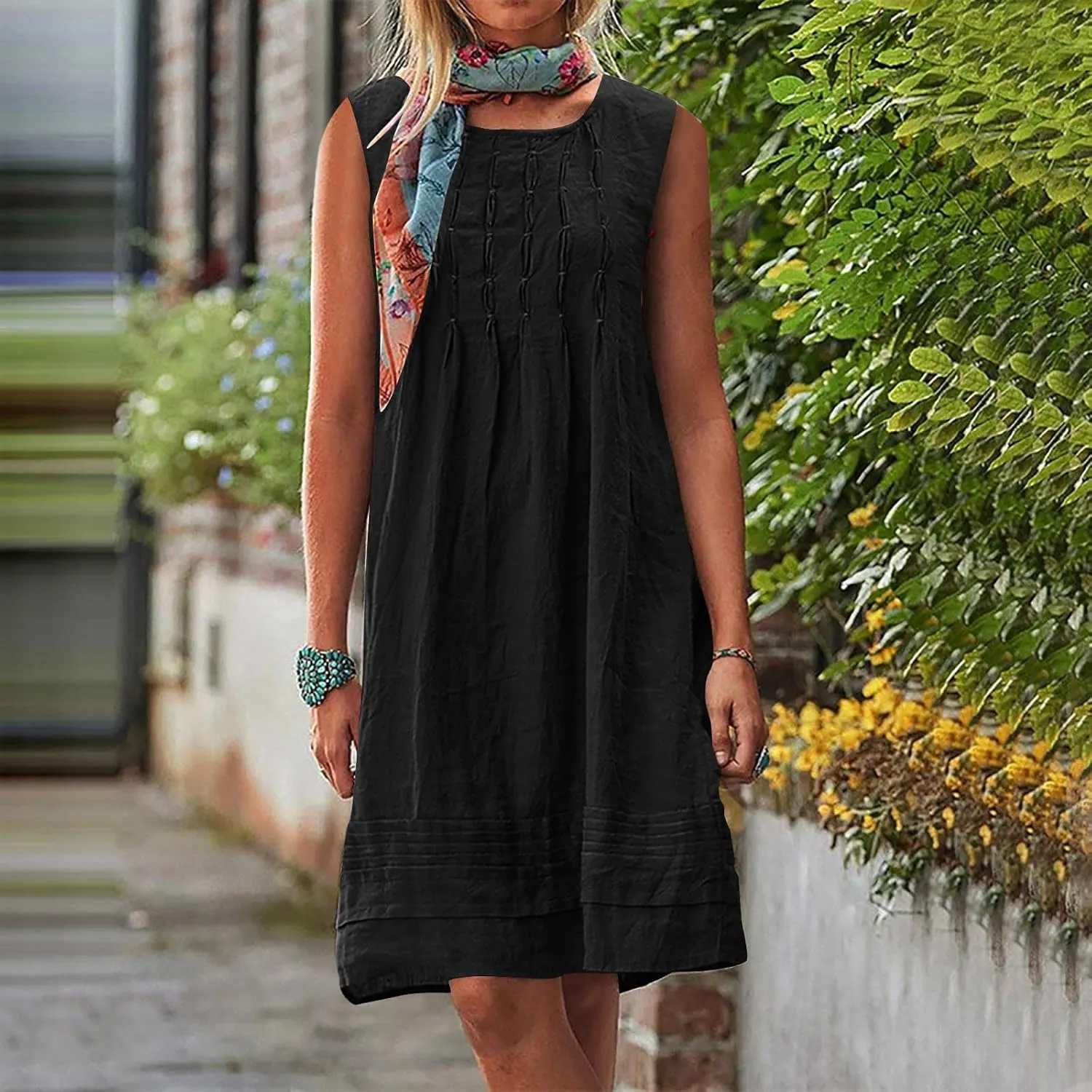 JOAU Cotton Linen Tank Dress for Women Pleated Summer Crewneck Sleeveless Sundress Beach Vacation Casual Knee Length Dresses