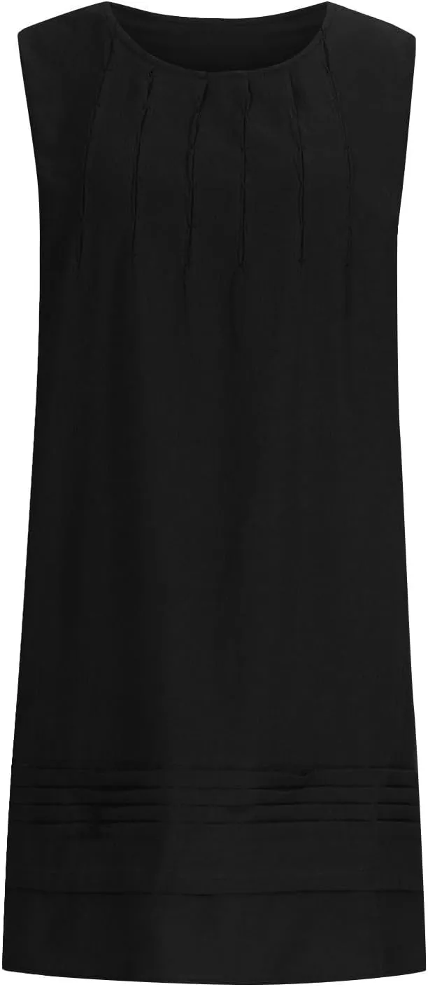JOAU Cotton Linen Tank Dress for Women Pleated Summer Crewneck Sleeveless Sundress Beach Vacation Casual Knee Length Dresses