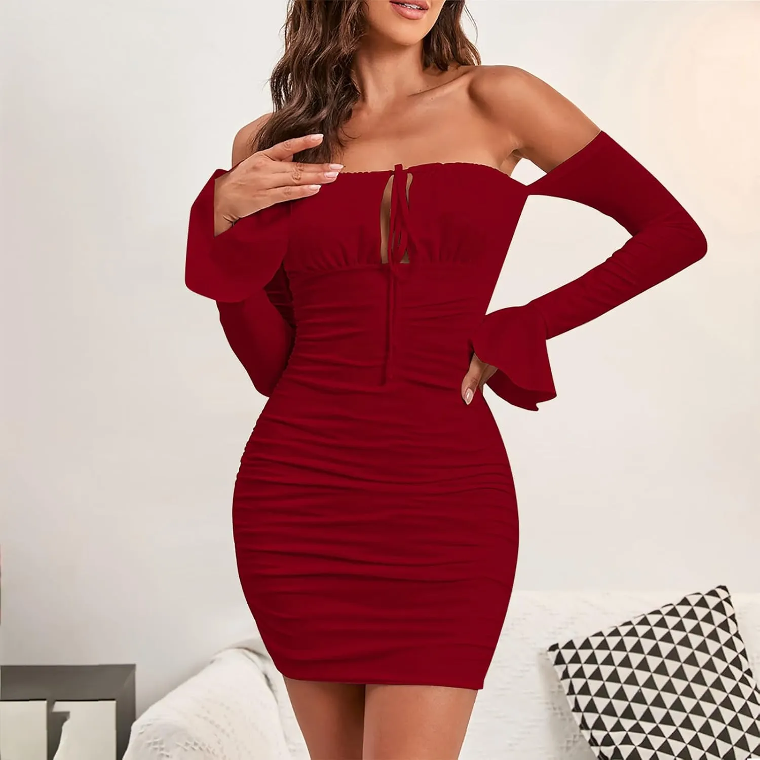 JOAU Women Corset Mini Dress Long Bell Sleeve Off Shoulder Sexy Cocktail Party Bodycon Strapless Tie Front Ruched Y2K Dresses