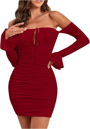 JOAU Women Corset Mini Dress Long Bell Sleeve Off Shoulder Sexy Cocktail Party Bodycon Strapless Tie Front Ruched Y2K Dresses