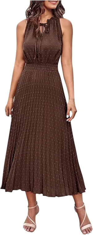JOAU Women Summer Casual Sleeveless Tank Dress Casual V-Neck Tie Pom Poms Sundress Smocked Waist Flowy Maxi Beach Dresses