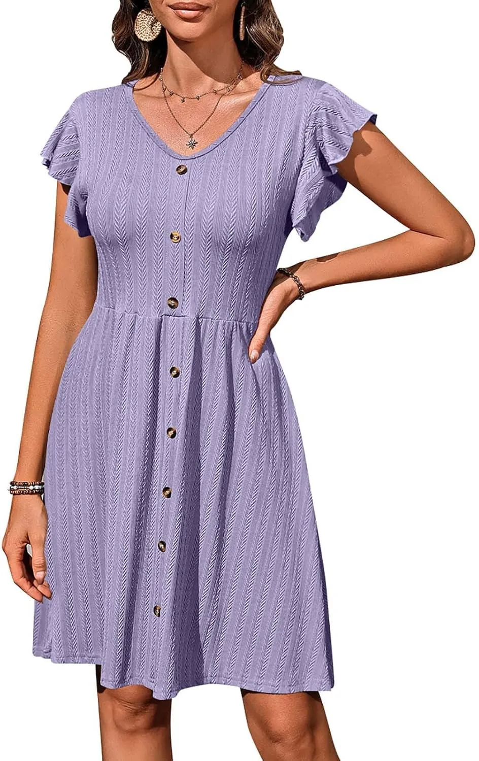 JOAU Womens Casual T-Shirt Mini Dresses Flowy Ruffle Short Sleeve V Neck Button Decor Dress A Line Loose Swing Short Dresses