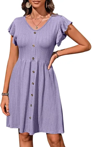 JOAU Womens Casual T-Shirt Mini Dresses Flowy Ruffle Short Sleeve V Neck Button Decor Dress A Line Loose Swing Short Dresses