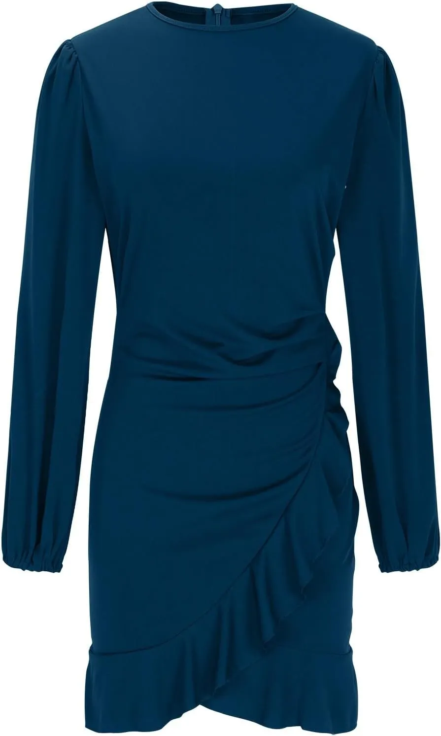 JOAU Women's Elegant Formal Cocktail Party Mini Dress Puff Long Sleeve Crew Neck Slim Fit Irregular Ruffle Hem Slit Dresses