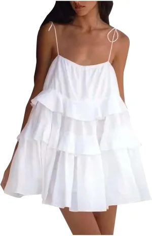 JOAU Women's Tie Spaghetti Straps Backless Tiered Ruffle Flowy Mini Dress A Line Layered Sleeveless Babydoll Cami Short Dress