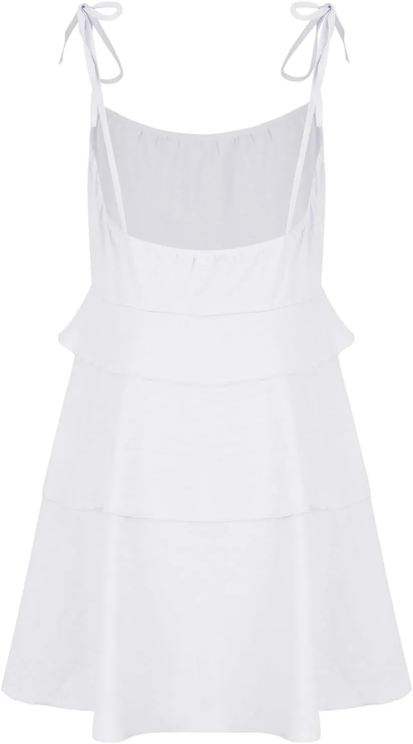 JOAU Women's Tie Spaghetti Straps Backless Tiered Ruffle Flowy Mini Dress A Line Layered Sleeveless Babydoll Cami Short Dress