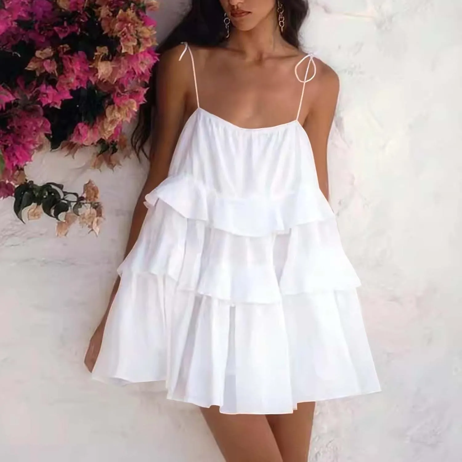 JOAU Women's Tie Spaghetti Straps Backless Tiered Ruffle Flowy Mini Dress A Line Layered Sleeveless Babydoll Cami Short Dress
