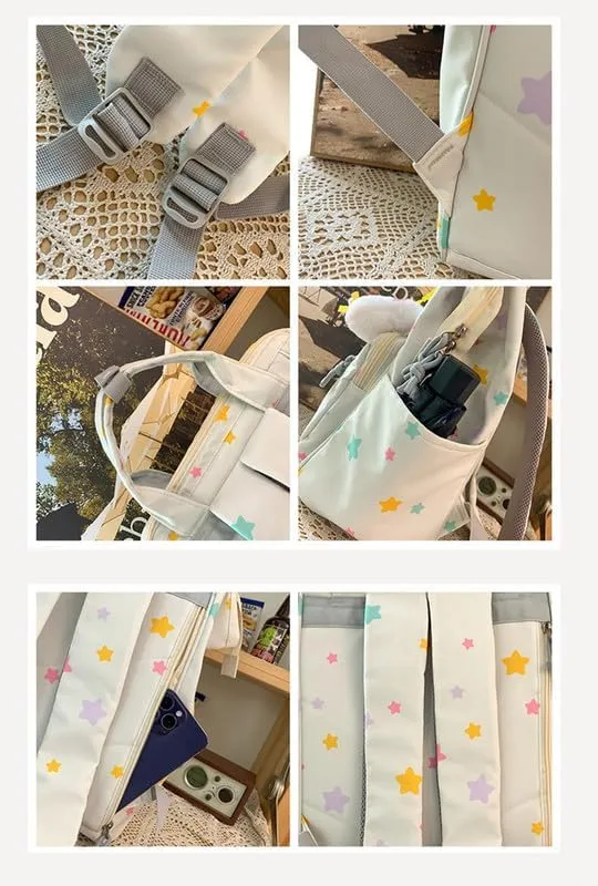 jupkem Aesthetic Backpack Women Cute Star Preppy Backpacks with Kawaii Pendant Korea Large Capacity Laptop Bag Fashion Casual Carry On Bags green