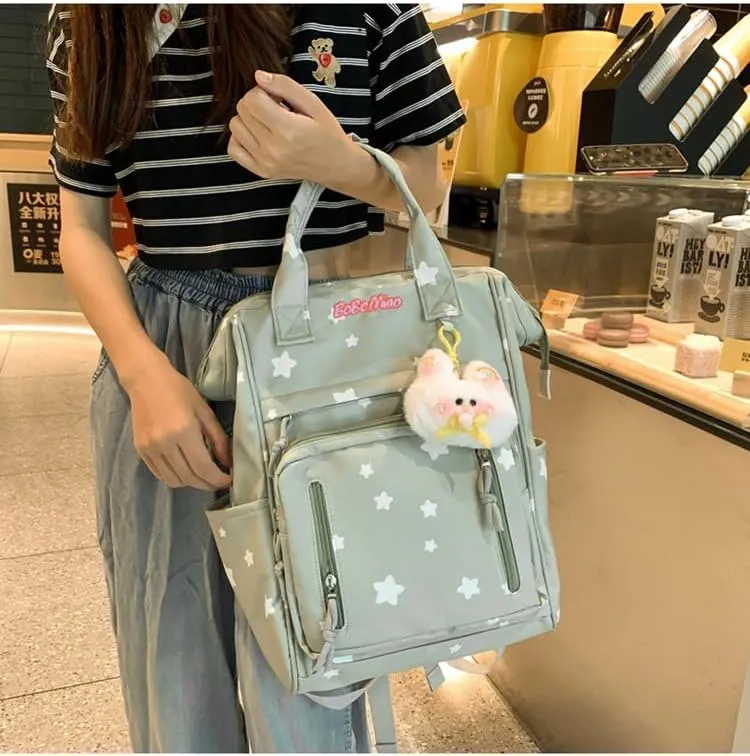 jupkem Aesthetic Backpack Women Cute Star Preppy Backpacks with Kawaii Pendant Korea Large Capacity Laptop Bag Fashion Casual Carry On Bags green