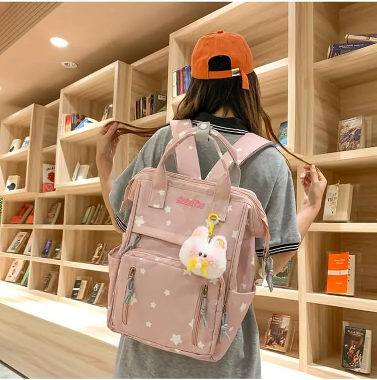 jupkem Aesthetic Backpack Women Cute Star Preppy Backpacks with Kawaii Pendant Korea Large Capacity Laptop Bag Fashion Casual Carry On Bags pink