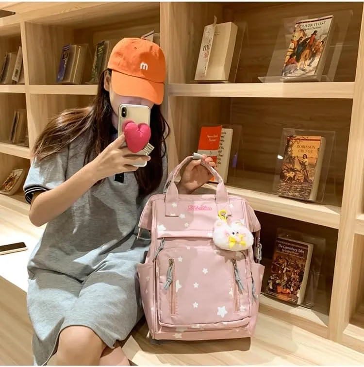 jupkem Aesthetic Backpack Women Cute Star Preppy Backpacks with Kawaii Pendant Korea Large Capacity Laptop Bag Fashion Casual Carry On Bags pink
