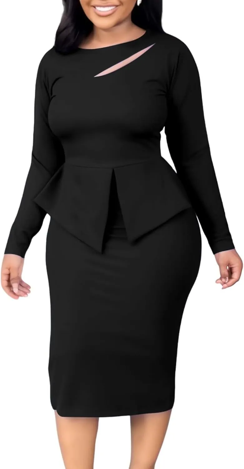 Kafiloe Women Skirt Suits 2 Piece Set for Business Work Formal Church Outfits with Long Sleeve Peplum Top
