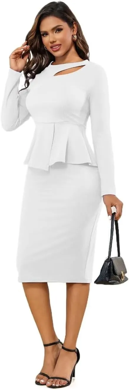 Kafiloe Women Skirt Suits 2 Piece Set for Business Work Formal Church Outfits with Long Sleeve Peplum Top