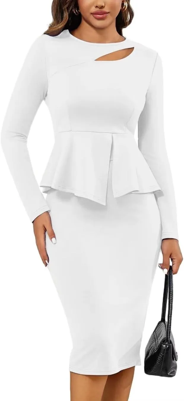 Kafiloe Women Skirt Suits 2 Piece Set for Business Work Formal Church Outfits with Long Sleeve Peplum Top
