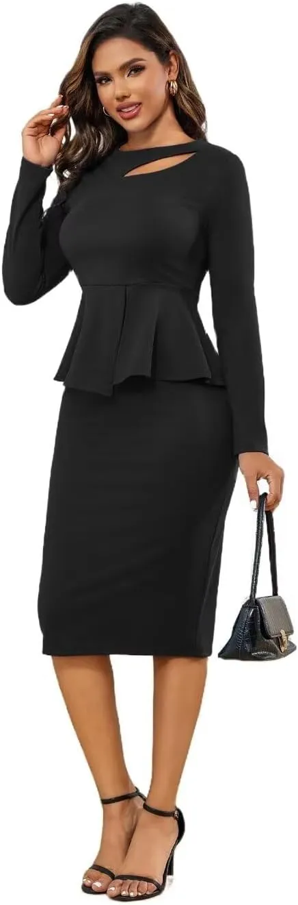 Kafiloe Women Skirt Suits 2 Piece Set for Business Work Formal Church Outfits with Long Sleeve Peplum Top