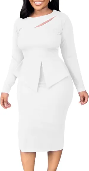 Kafiloe Women Skirt Suits 2 Piece Set for Business Work Formal Church Outfits with Long Sleeve Peplum Top