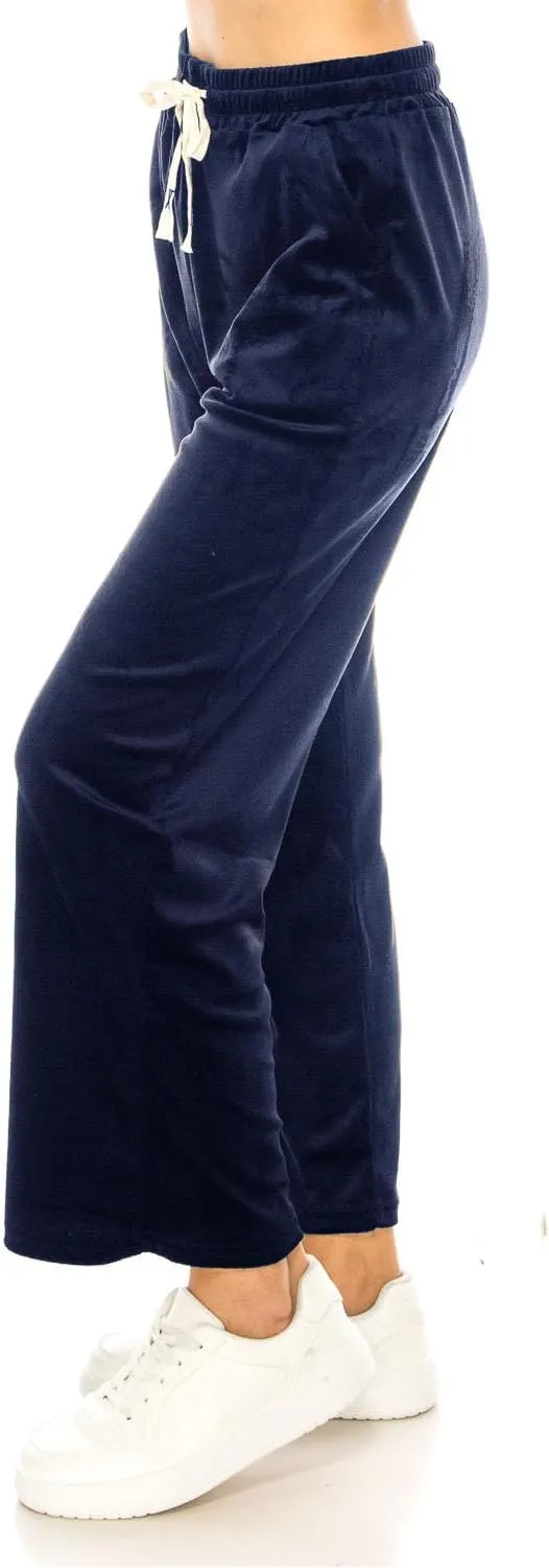 LA12ST Women's Elastic Waist Velour Loose Wide Leg Pants Long Palazzo Casual Flare Jogger with Pockets