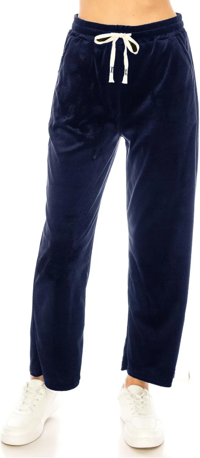 LA12ST Women's Elastic Waist Velour Loose Wide Leg Pants Long Palazzo Casual Flare Jogger with Pockets