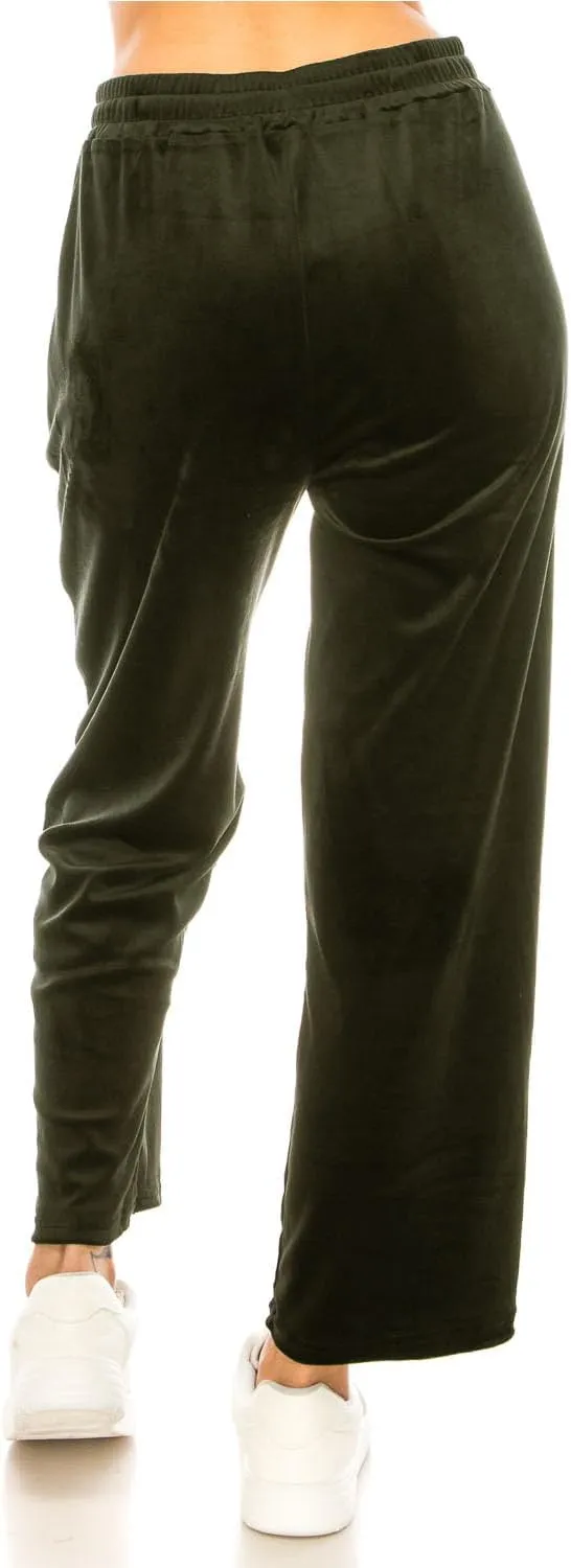 LA12ST Women's Elastic Waist Velour Loose Wide Leg Pants Long Palazzo Casual Flare Jogger with Pockets