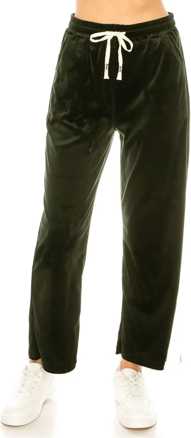 LA12ST Women's Elastic Waist Velour Loose Wide Leg Pants Long Palazzo Casual Flare Jogger with Pockets