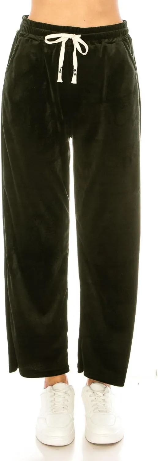 LA12ST Women's Elastic Waist Velour Loose Wide Leg Pants Long Palazzo Casual Flare Jogger with Pockets