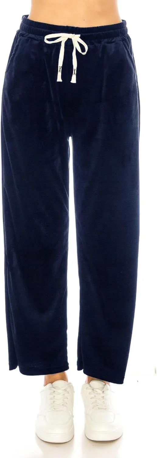 LA12ST Women's Elastic Waist Velour Loose Wide Leg Pants Long Palazzo Casual Flare Jogger with Pockets