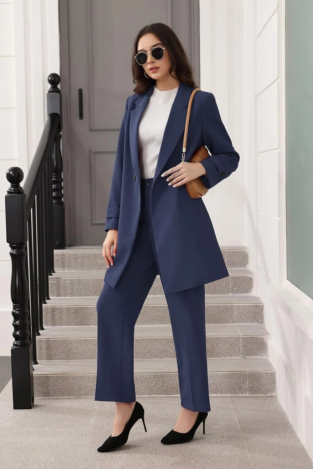 Lamgool Women's Suit 2 Piece Long Blazer Set Ladies Jacket Pantsuit Casual Outfits for Fall