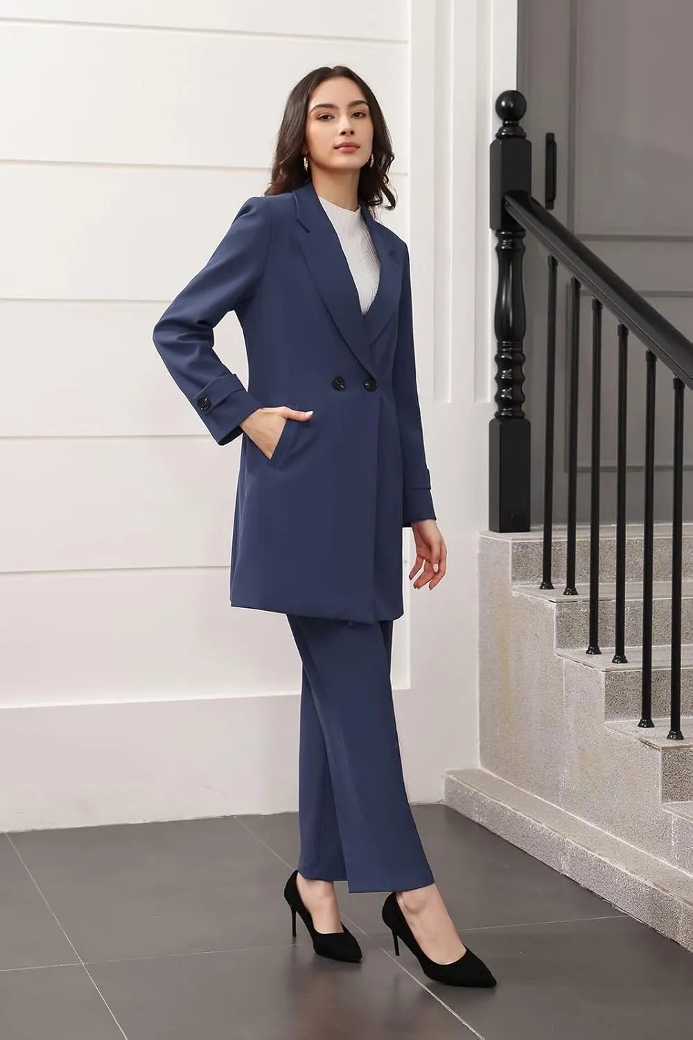 Lamgool Women's Suit 2 Piece Long Blazer Set Ladies Jacket Pantsuit Casual Outfits for Fall