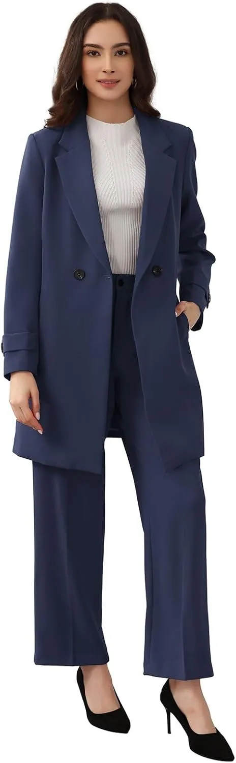 Lamgool Women's Suit 2 Piece Long Blazer Set Ladies Jacket Pantsuit Casual Outfits for Fall