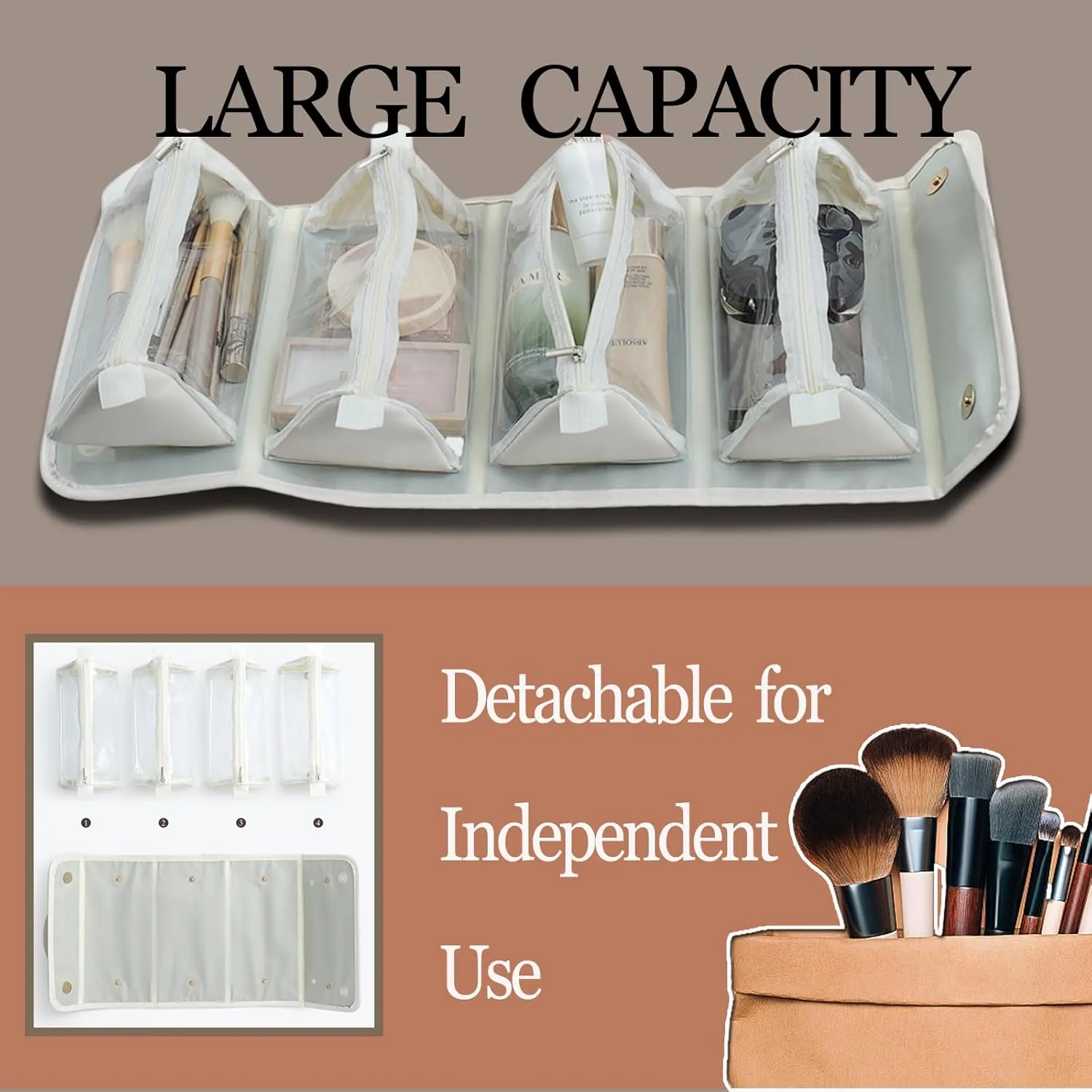 Large Capacity Makeup Bag Organizer - Premium PU Leather Cosmetic Case with 4 Removable Dividers & Dual Handles | Waterproof Lay-Flat Design Travel Toiletry Bag for Women (BLACK)
