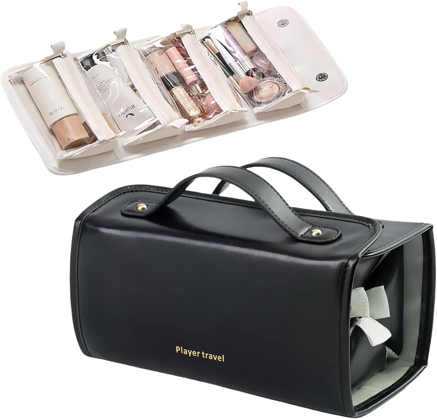 Large Capacity Makeup Bag Organizer - Premium PU Leather Cosmetic Case with 4 Removable Dividers & Dual Handles | Waterproof Lay-Flat Design Travel Toiletry Bag for Women (BLACK)